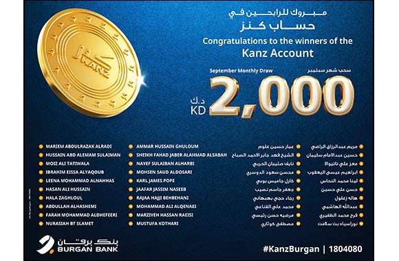 Burgan Bank Announces the Names of the Monthly Draw Winners of Kanz Account