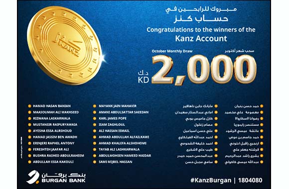 Burgan Bank Announces the Names of the Monthly Draw Winners of Kanz Account oct 1st week